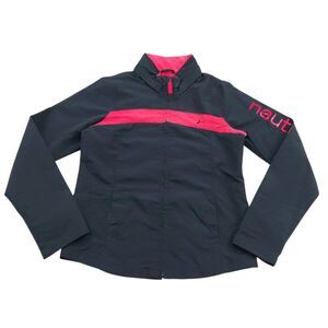 Nautica Hooded Jacket Girls XL 12-14 Navy Pink Lined Full Zip Nylon Outdoor